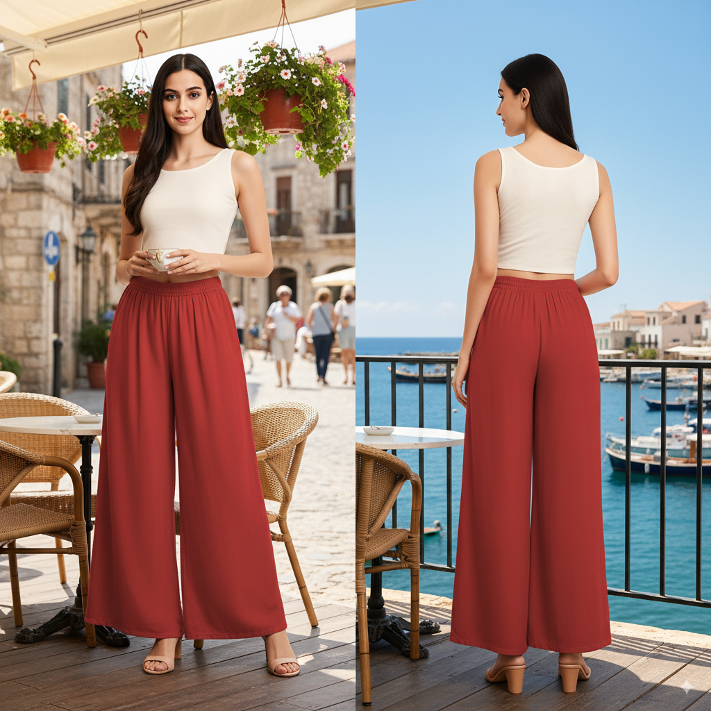 Eshaaraa Women’s Rayon Wide Leg Palazzo Pants – Comfortable Elastic Waist Flared Trousers for Casual, Office & Daily Wear