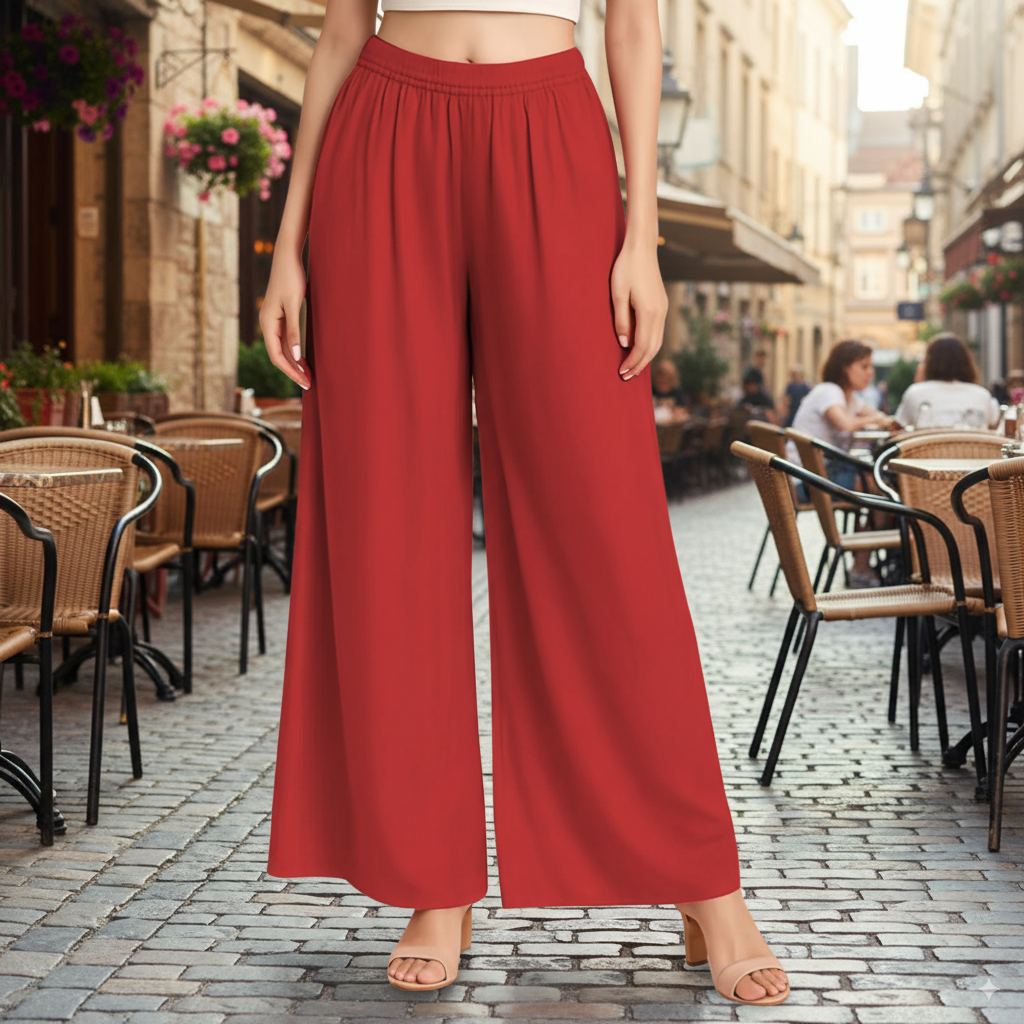 Eshaaraa Women’s Rayon Wide Leg Palazzo Pants – Comfortable Elastic Waist Flared Trousers for Casual, Office & Daily Wear